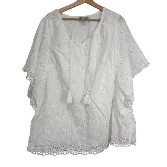 Catherines White Eyelet Cotton Tunic Poncho Top Size 4X Plus Peasant Coastal - Picture 1 of 8